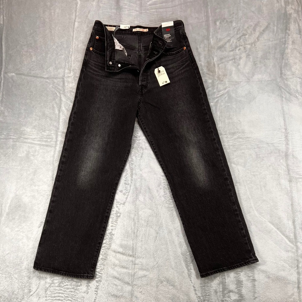 Levis Premium Ribcage Straight Ankle Jeans Womens 30 Super High Rise Black Denim